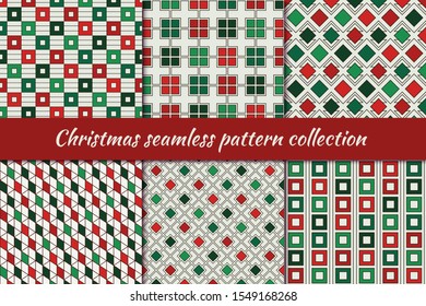 Christmas seamless pattern collection. Holiday backgrounds set. Print kit in traditional colors. Repeated rhombuses, squares,diamonds motif geometric ornaments. Vector scrapbook digital paper