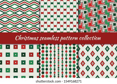 Christmas seamless pattern collection. Holiday backgrounds set. Print kit in traditional colors. Mosaic, repeated rhombus, square, circle, zigzag line motif geometric ornaments. Vector digital paper