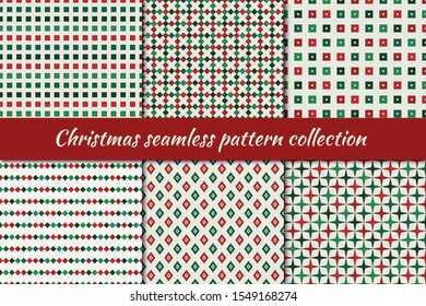 Christmas seamless pattern collection. Holiday backgrounds set. Print kit in traditional colors. Ethnic mosaic, repeated rhombus, square, star, cross motif geometric ornaments. Vector digital paper