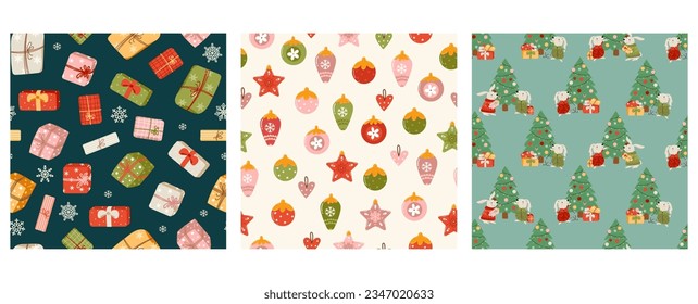 Christmas seamless pattern collection. Holiday decorations and cute animals backgrounds in vector. Perfect for wrapping paper and other design. 