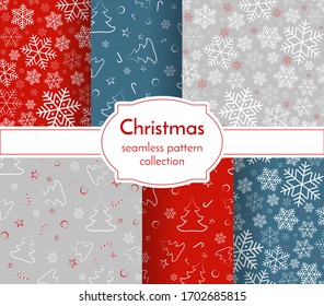 Christmas seamless pattern collection Snowflake Christmas tree ball toy sweet candy New Year Christmas holiday background wallpaper wrapper Set seamless pattern texture print Winter theme Vector art