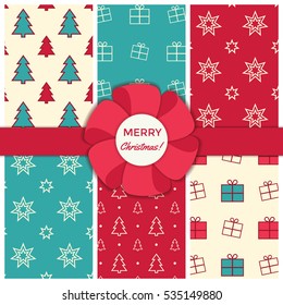 Christmas seamless pattern collection - Christmas Trees, presents and stars in red, green and cream colors. 
