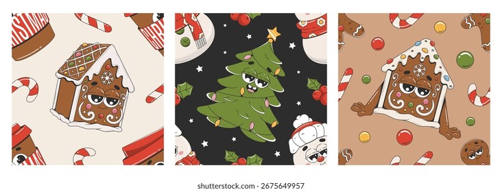 Navidades Colección de patrón sin fisuras. Diseño de papel de envoltura con árbol de Navidad, casa de jengibre, muñeco de nieve. Fondos Con Personajes De Dibujos Animados. 