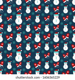 Christmas seamless pattern with color flat icons on a blue background. Xmas holidays vector surface design for greeting cards, invitation, wallpapers, fabric, textile, package, wrapping.