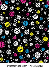 Christmas seamless pattern with color snowflakes over black background,  vector illustration