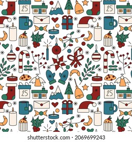 Christmas seamless pattern colored. candy cane, star, pine tree, house, baubles, plant, mistletoe, gloves, bell, sock, santa hat, cookie, angel, candle, cake, muffin, gift, calender, cup of tea 