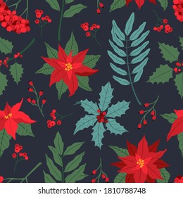 Christmas seamless pattern, with colored plants. Poinsettia, holly berry, and laurel leaves in flat cartoon style, modern ornate for New Year, decoration on dark blue background.