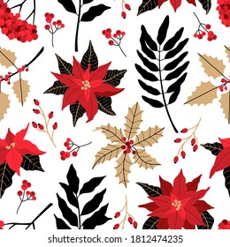 Christmas Seamless pattern, with colored plants. Poinsettia, rowan berry and laurel leaves in Scandinavian style, modern ornate with holly symbol for New Year, decoration on white background.