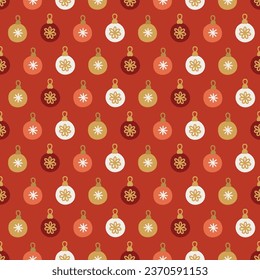 Christmas seamless pattern with colorful balls on red background. Perfect for wallpaper, gift paper, winter greeting cards. Vector illustration