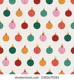 Patrón de Navidad sin fisuras con bolas coloridas sobre fondo blanco. Perfecto para papel pintado, papel de regalo, tarjetas de felicitación de invierno. Ilustración del vector