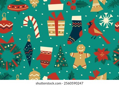 Christmas seamless pattern. Colorful cut out Christmas tree, stocking, mitten, Christmas ornaments, poinsettia, cardinal bird, wreath, gingerbread man, bell, cones, candy cane. Festive pattern. Vector