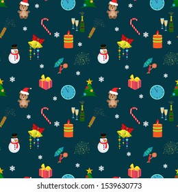 Christmas seamless pattern of colorful decoraions, sweets, presents, clocks, snowmen, teddy bear, christmas tree, present. Vector illustration of New Year repeat background for wrapping paper design