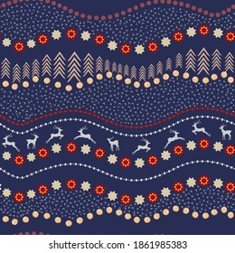 Christmas seamless pattern with colorful elements arranged in wavy stripes. Vector deer, Christmas trees, snowflakes on a dark blue background