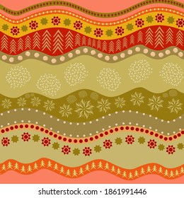 Christmas seamless pattern with colorful elements arranged in wavy stripes. Vector Christmas trees and snowflakes in ornaments on red, orange, yellow, green, peach, olive