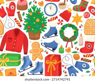 Weihnachten nahtloses Muster, bunte Weihnachtselemente auf weißem Hintergrund. Baum, Fäustlinge, Geschenk, Lebkuchen, Rochen, Kranz, Süßigkeiten, festliche Weihnachten bunte Elemente.