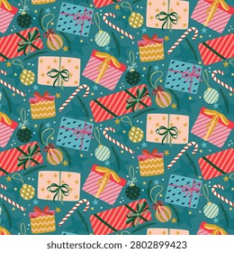 Christmas Seamless Pattern with Colorful Gift Boxes, Candy Canes and Ornaments on Teal Blue Background. Festive Nordic Folk Art Vector Backdrop for Holiday Wrapping Paper.