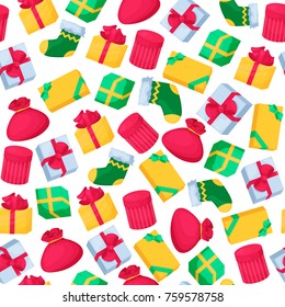 Christmas seamless pattern with colorful gift boxes. New year design element. Winter holiday object.