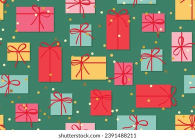 christmas seamless pattern with colorful gifts and golden confetti-  vector illustration