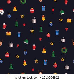 Christmas seamless pattern. Colorful Graphic flat icons decorations on dark background. Wrapping paper design template. Vector.