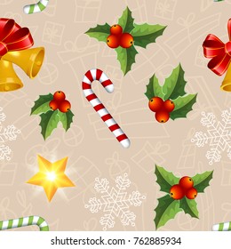 Christmas seamless pattern with colorful mistletoe leaves candies star and bells flat vector illustration