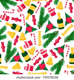 Christmas seamless pattern with colorful object. New year design element. Fur, holly berry, candy.