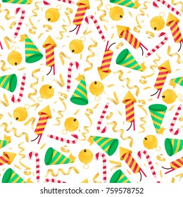 Christmas seamless pattern with colorful object. New year design element. Firecracker aand serpentine.