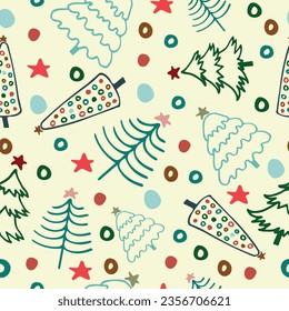Christmas seamless pattern with colorful pine trees. New Year's design for fabric, packaging, wallpaper, wrapping.