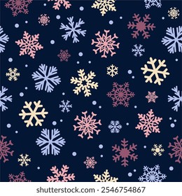 Navidades sin patrón. Patrón colorido del copo de nieve sobre fondo azul. Temporada de invierno. Para impresión, papel de embalaje, embalaje, Anuncio, cartel. Ilustración vectorial