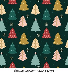 Christmas seamless pattern with colorful Christmas trees. Hand drawn background