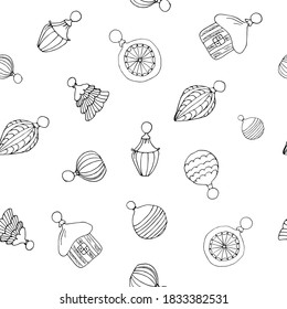 Christmas seamless pattern coloring different shape toys with patterns. Festive black and white vector drawing. Suitable for holiday decoration, Christmas design, paper, printing, wallpaper, textiles.
