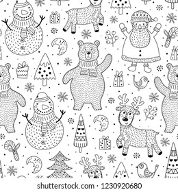 Christmas seamless pattern for coloring page. Black and white background with cute characters: polar bear, Santa, deer, snowman. Vector illustration