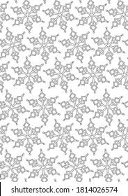 Christmas seamless pattern or coloring page with snowflakes or snow as a texture to print in a coloring book for Christmas. Outline vector stock illustration with snow in A4 format