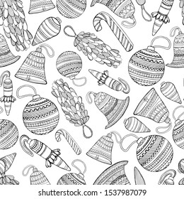 Christmas seamless pattern coloring christmas toys. Graphic arts. Suitable for packaging, books, New Year's design, wallpaper, textiles. Drawn by hand. antistress coloring