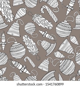 Christmas seamless pattern coloring christmas toys. Graphic arts. Suitable for packaging, books, New Year's design, wallpaper, textiles. Drawn by hand. antistress coloring