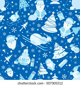 Christmas seamless pattern. Colour flat  design with Santa Claus, snowman, christmas tree. Vector illustration