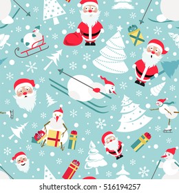 Christmas seamless pattern. Colour flat  design with Santa Claus bag, snowman, christmas tree, box. Abstract background. Vector illustration