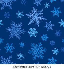 Christmas seamless pattern of complex big and small snowflakes in white colors on blue background