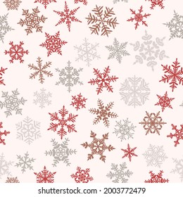 Christmas seamless pattern with complex big and small snowflakes, colored on white background