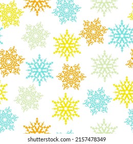 Christmas seamless pattern of complex big and small multicolored snowflakes on white background seamless christmas pattern with multicolored snowflakes