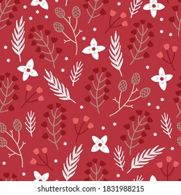 Christmas seamless pattern with cones, flowers, snowflakes, fir branches on red background. Perfect for winter greeting cards, Xmas, New Year decoration. Vector illustration