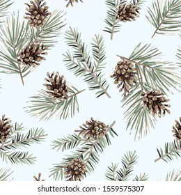 Christmas seamless pattern, cones, green pine, fir twigs, light blue background. Vector illustration. Nature design. Season greeting. Winter forest. Xmas holidays