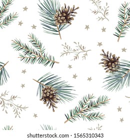 Christmas seamless pattern, cones, green pine, fir twigs, stars, white background. Vector illustration. Nature design. Season greeting. Winter forest. Xmas holidays