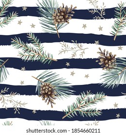 Christmas seamless pattern, cones, green pine, fir twigs, stars, striped background. Vector illustration. Nature design. Season greeting. Winter forest. Xmas holidays