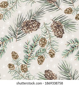 Christmas seamless pattern, cones, green pine, fir twigs, beige background with snowflakes. Vector illustration. Nature design. Season greeting. Winter forest. Xmas holidays