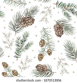 Christmas seamless pattern, cones, green pine, fir twigs, white background with stars. Vector illustration. Nature design. Season greeting. Winter forest. Xmas holidays