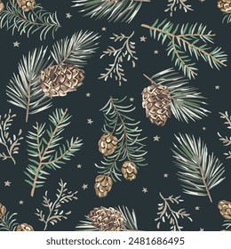 Christmas seamless pattern, cones, green pine, fir twigs, black night background with stars. Vector illustration. Nature design. Season greeting. Winter forest. Xmas holidays