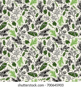 Christmas seamless pattern with christmas cones and plants