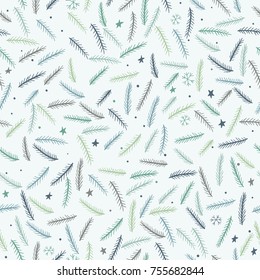 Christmas seamless pattern with conifer branches, stars and snowflakes