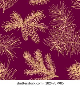 Christmas seamless pattern with conifers. Botanical print. Vector illustration. Viva Magenta background and golden pattern. 
