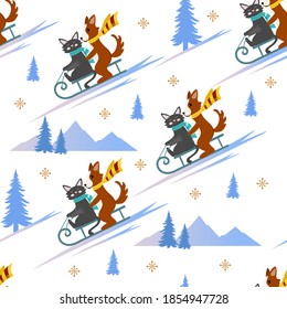 Christmas seamless pattern contains a cute cat and dog sledding down a mountain, around a fir tree and a mountain on a white background. Vector background is suitable for printing on any surface